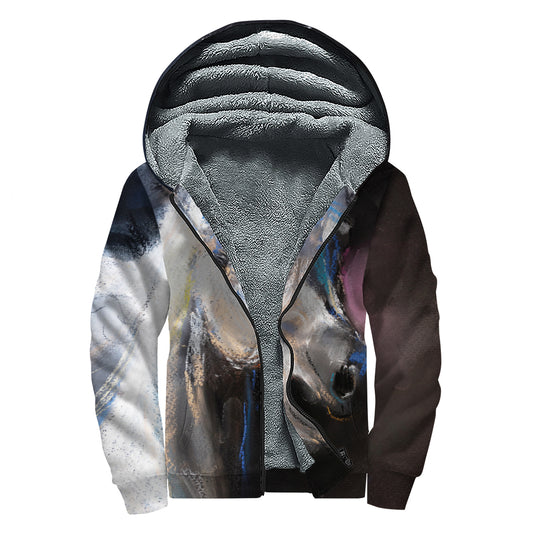 White Horse Portrait Print Sherpa Lined Zip Up Hoodie