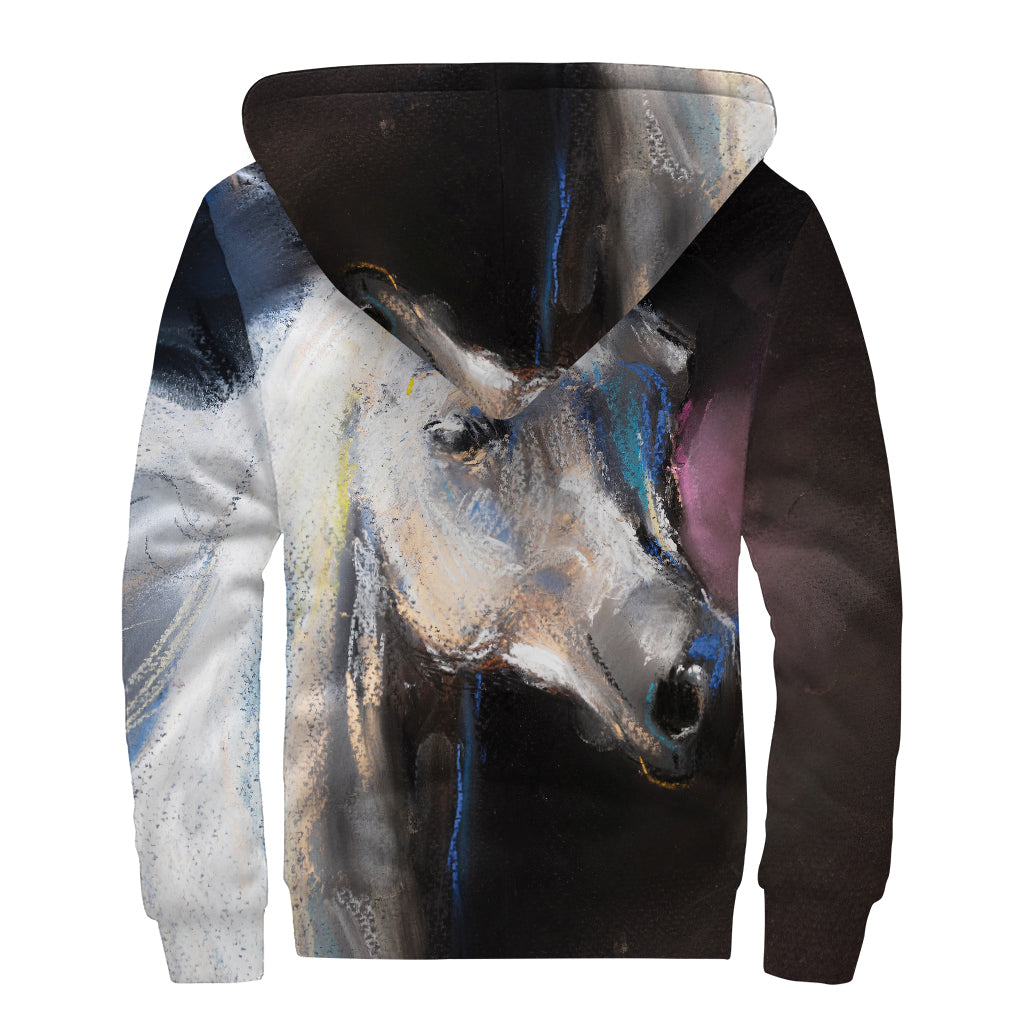 White Horse Portrait Print Sherpa Lined Zip Up Hoodie
