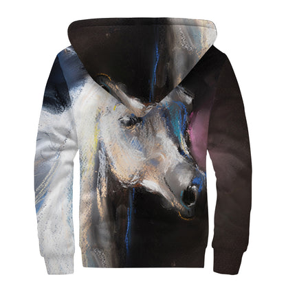 White Horse Portrait Print Sherpa Lined Zip Up Hoodie