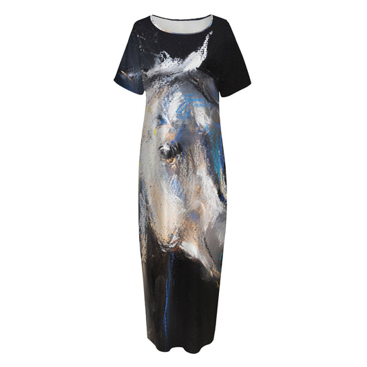 White Horse Portrait Print Short Sleeve Long Nightdress