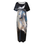 White Horse Portrait Print Short Sleeve Long Nightdress