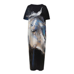 White Horse Portrait Print Short Sleeve Long Nightdress