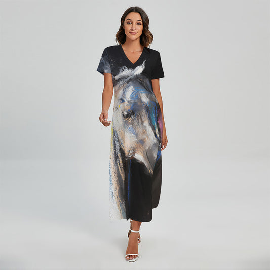 White Horse Portrait Print Short Sleeve Maxi Dress