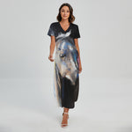 White Horse Portrait Print Short Sleeve Maxi Dress