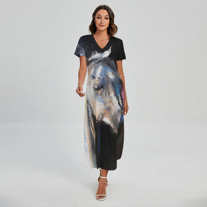 horse print maxi dress White Horse Portrait Print Short Sleeve Maxi Dress