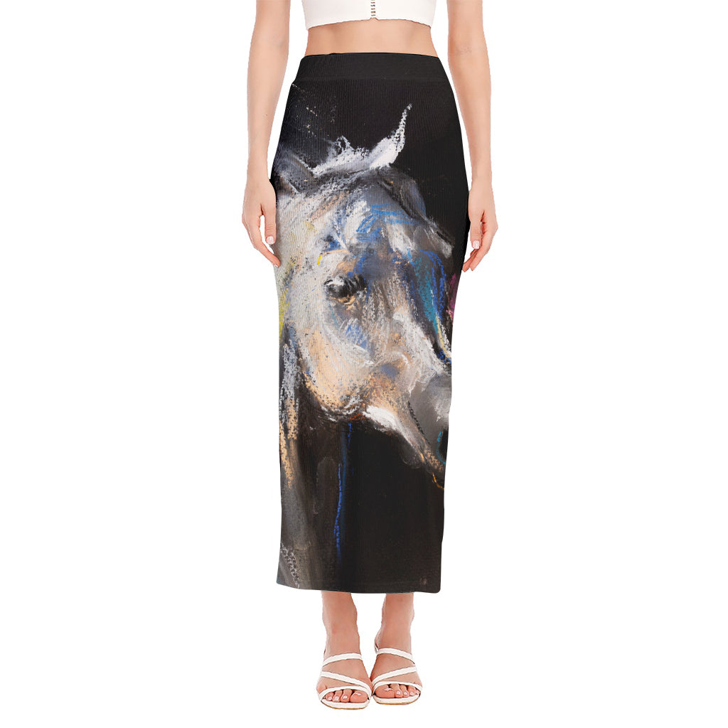 White Horse Portrait Print Side Slit Maxi Skirt