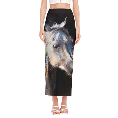 White Horse Portrait Print Side Slit Maxi Skirt