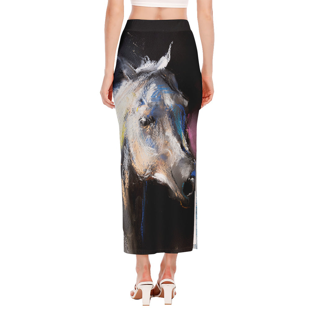 White Horse Portrait Print Side Slit Maxi Skirt
