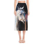 White Horse Portrait Print Side Slit Midi Skirt