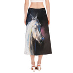 White Horse Portrait Print Side Slit Midi Skirt