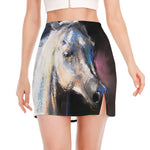 White Horse Portrait Print Side Slit Mini Skirt