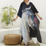 White Horse Portrait Print Silk V-Neck Kaftan Dress