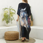 White Horse Portrait Print Silk V-Neck Kaftan Dress