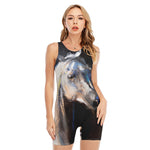 White Horse Portrait Print Sleeveless One Piece Swimsuit