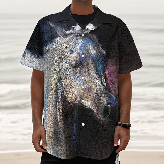White Horse Portrait Print Textured Short Sleeve Shirt