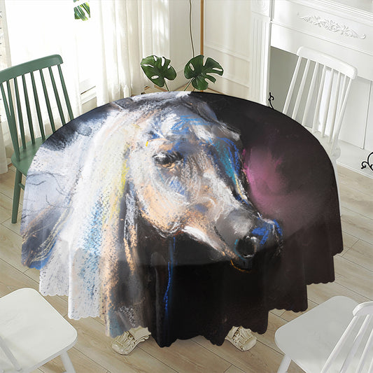 White Horse Portrait Print Waterproof Round Tablecloth