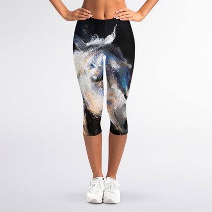 White Horse Portrait Print Women's Capri Leggings