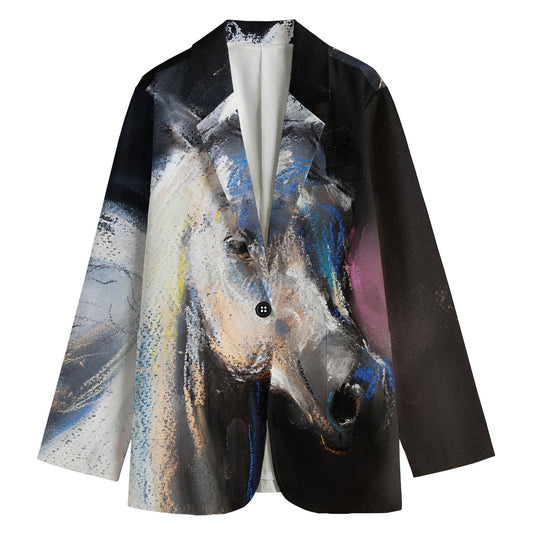 White Horse Portrait Print Women's Cotton Blazer