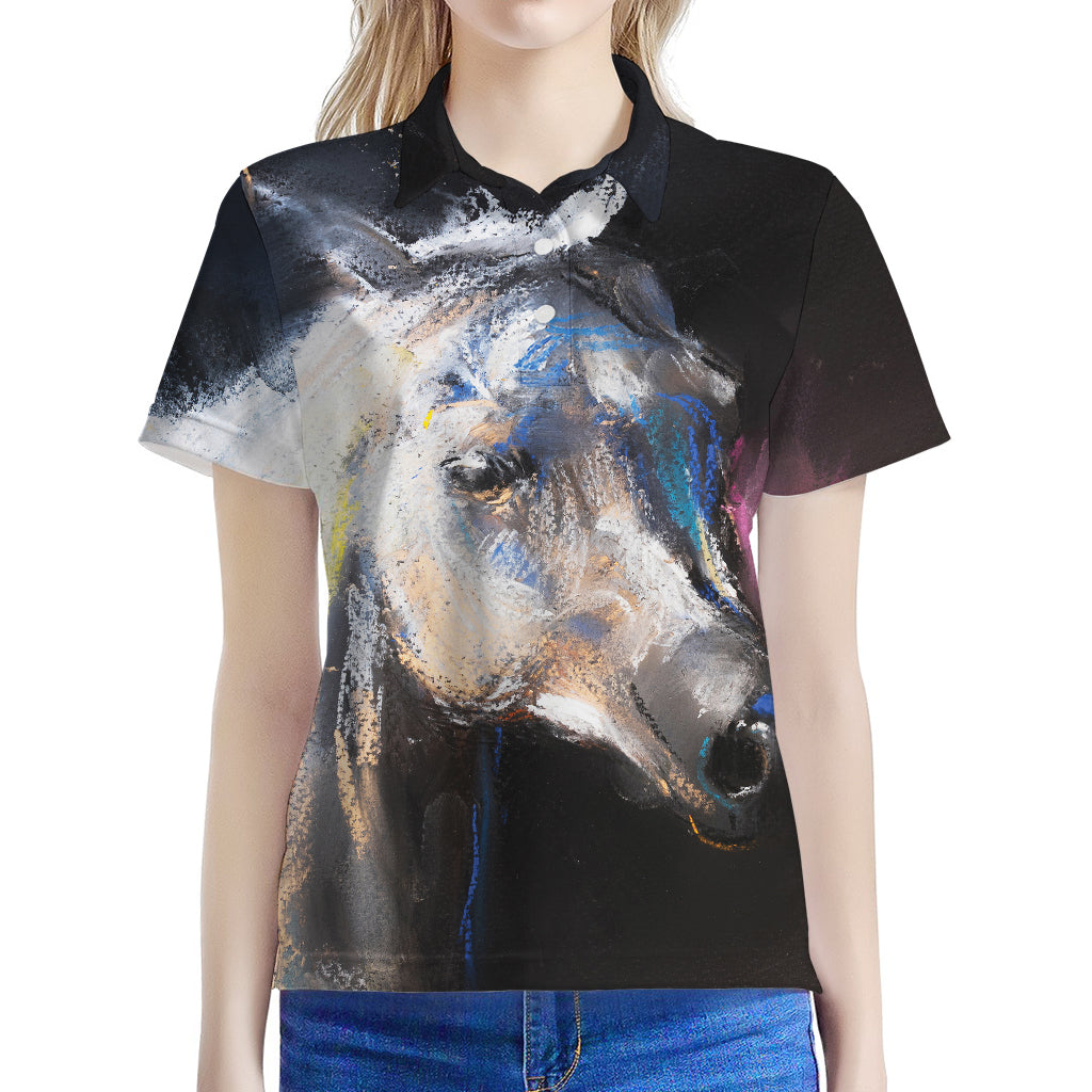 White Horse Portrait Print Women's Polo Shirt