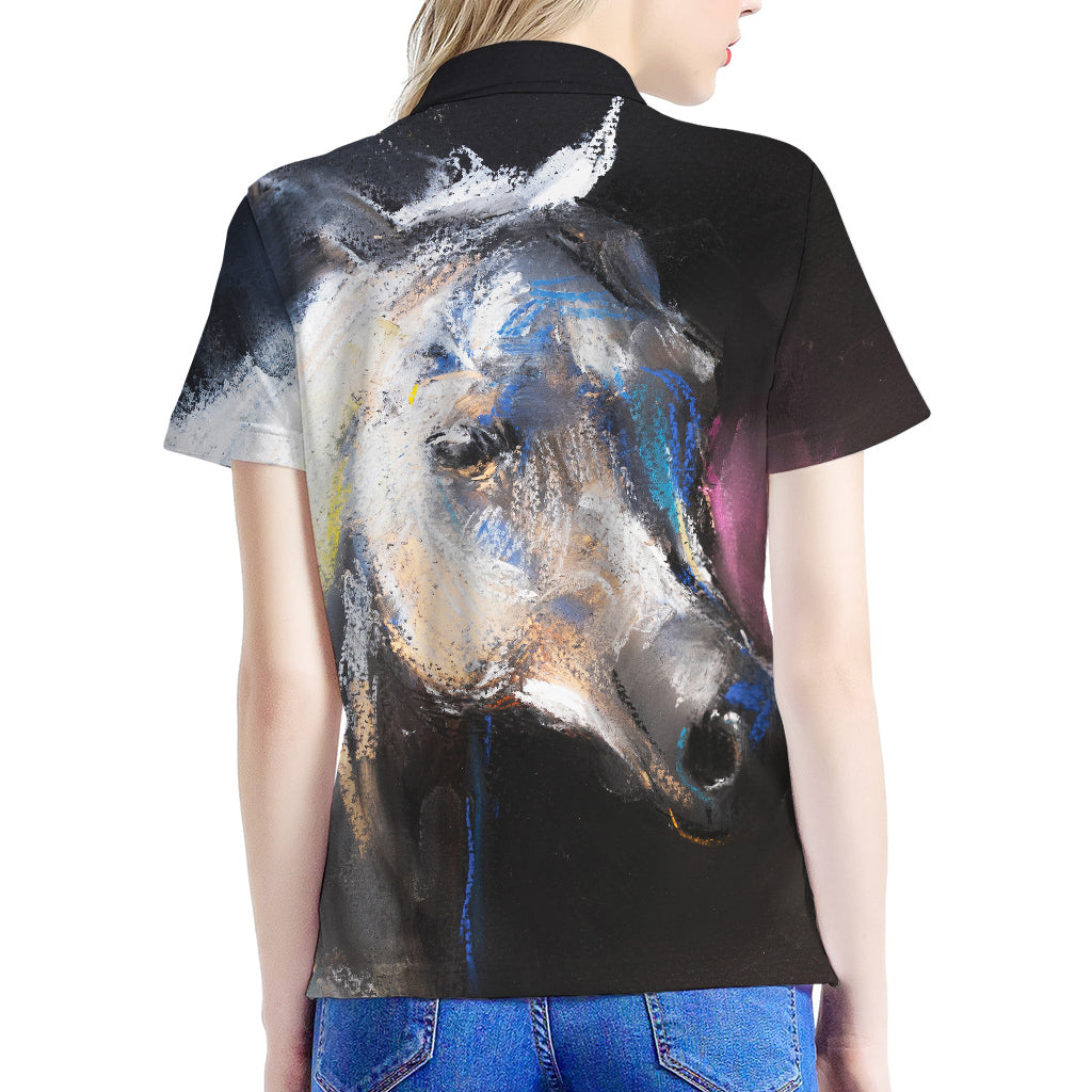 White Horse Portrait Print Women's Polo Shirt