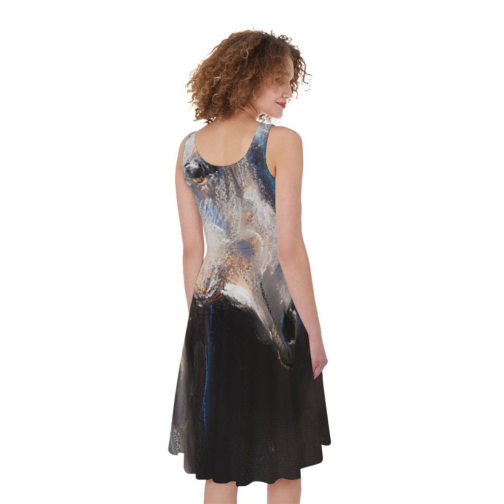 White Horse Portrait Print Women's Sleeveless Dress