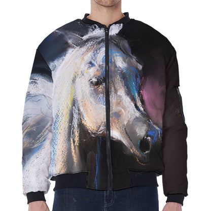 White Horse Portrait Print Zip Sleeve Bomber Jacket