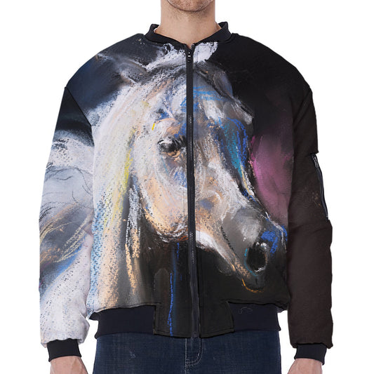 White Horse Portrait Print Zip Sleeve Bomber Jacket