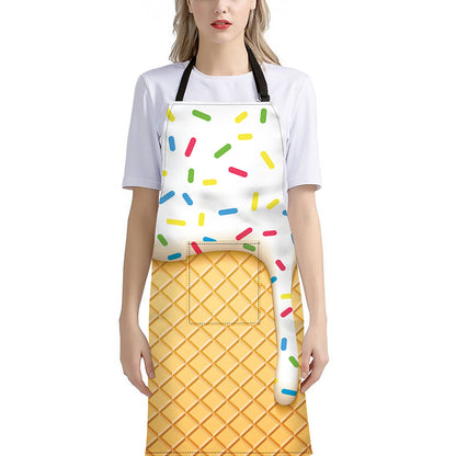 White Ice Cream Melted Print Bib Apron With Pocket