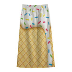 White Ice Cream Melted Print Cotton Front Slit Maxi Skirt