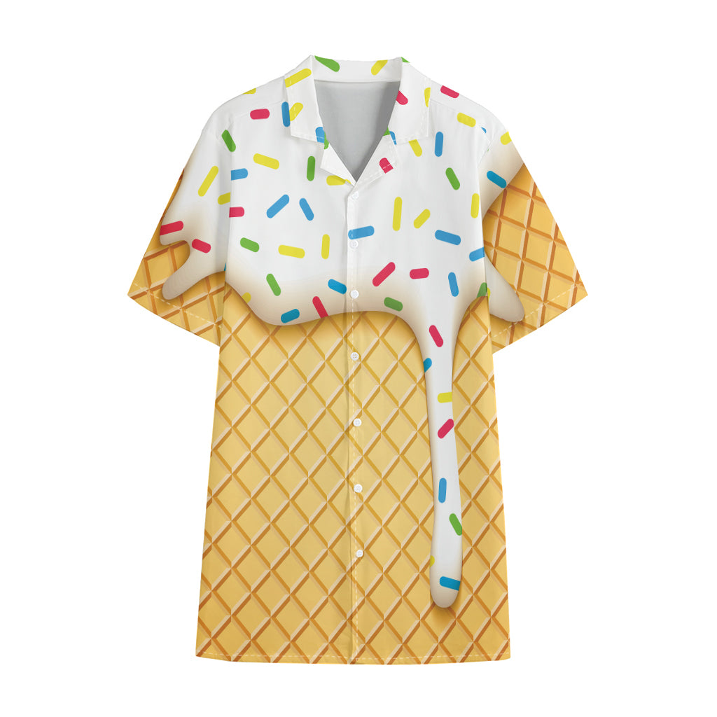 White Ice Cream Melted Print Cotton Hawaiian Shirt
