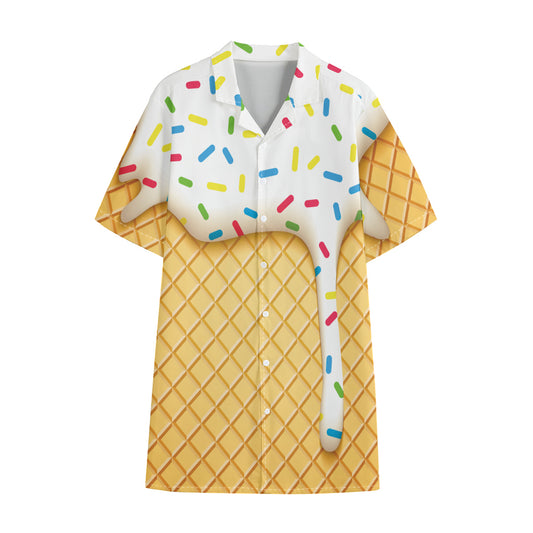 White Ice Cream Melted Print Cotton Hawaiian Shirt