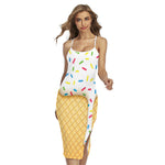 White Ice Cream Melted Print Cross Back Cami Dress