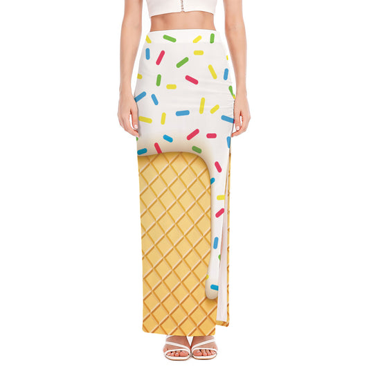 White Ice Cream Melted Print High Slit Maxi Skirt