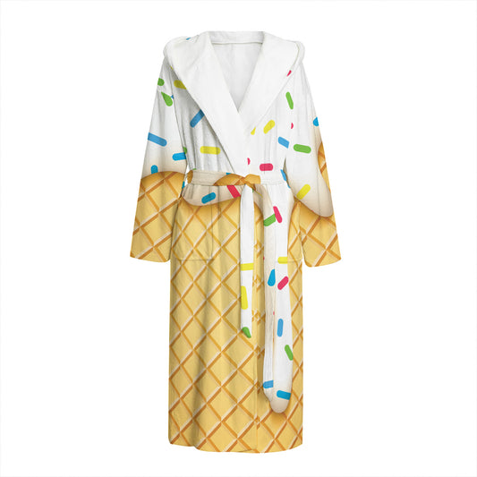 White Ice Cream Melted Print Hooded Bathrobe