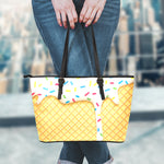White Ice Cream Melted Print Leather Tote Bag