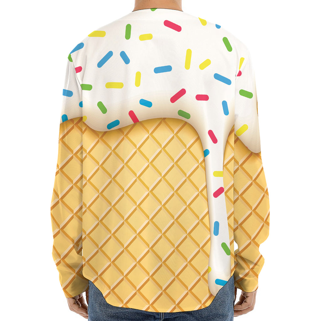 White Ice Cream Melted Print Long Sleeve Baseball Jersey