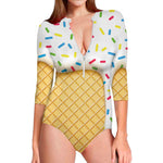 White Ice Cream Melted Print Long Sleeve Swimsuit