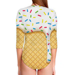 White Ice Cream Melted Print Long Sleeve Swimsuit