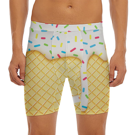 White Ice Cream Melted Print Men's Long Boxer Briefs