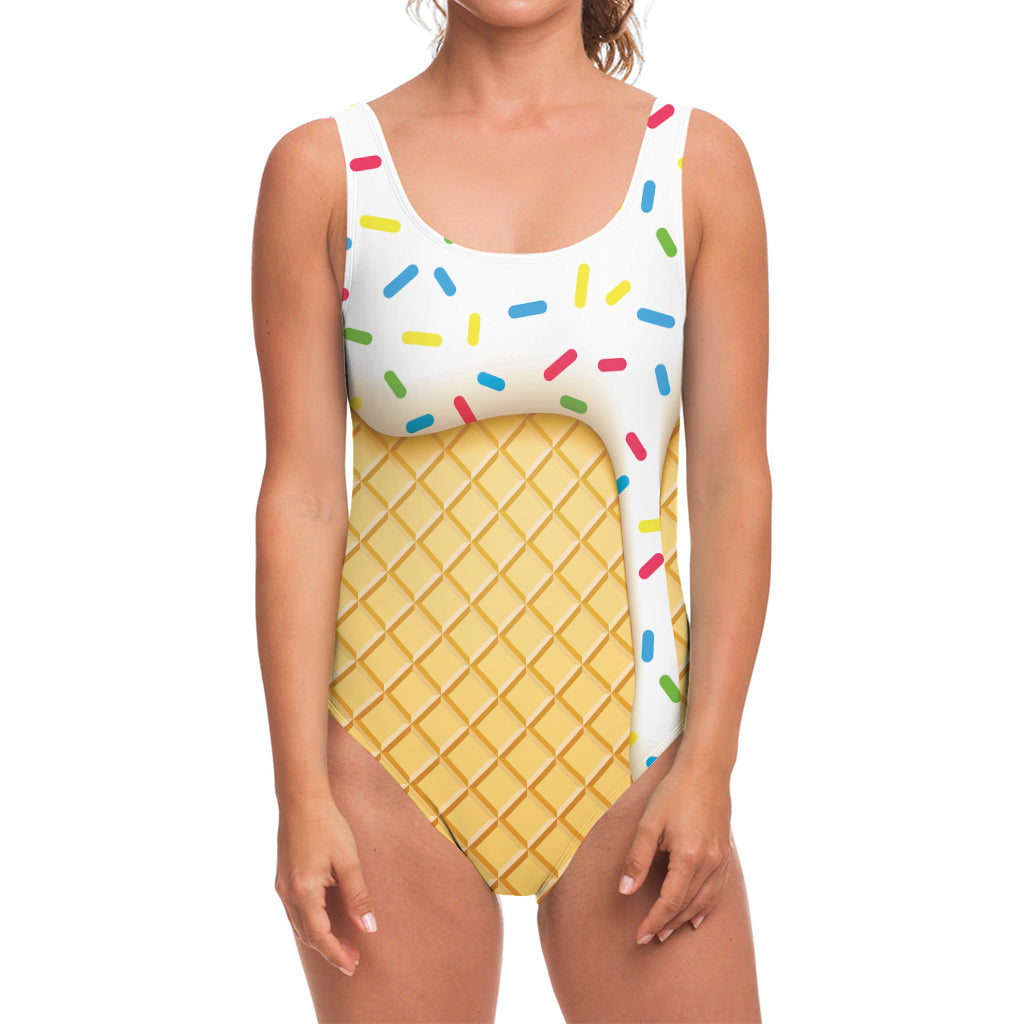 White Ice Cream Melted Print One Piece Swimsuit