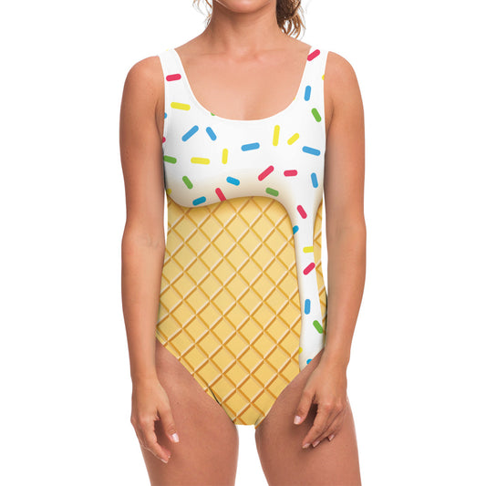 White Ice Cream Melted Print One Piece Swimsuit