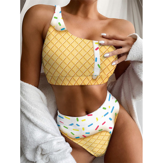 White Ice Cream Melted Print One Shoulder Bikini Top