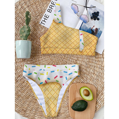White Ice Cream Melted Print One Shoulder Bikini Top