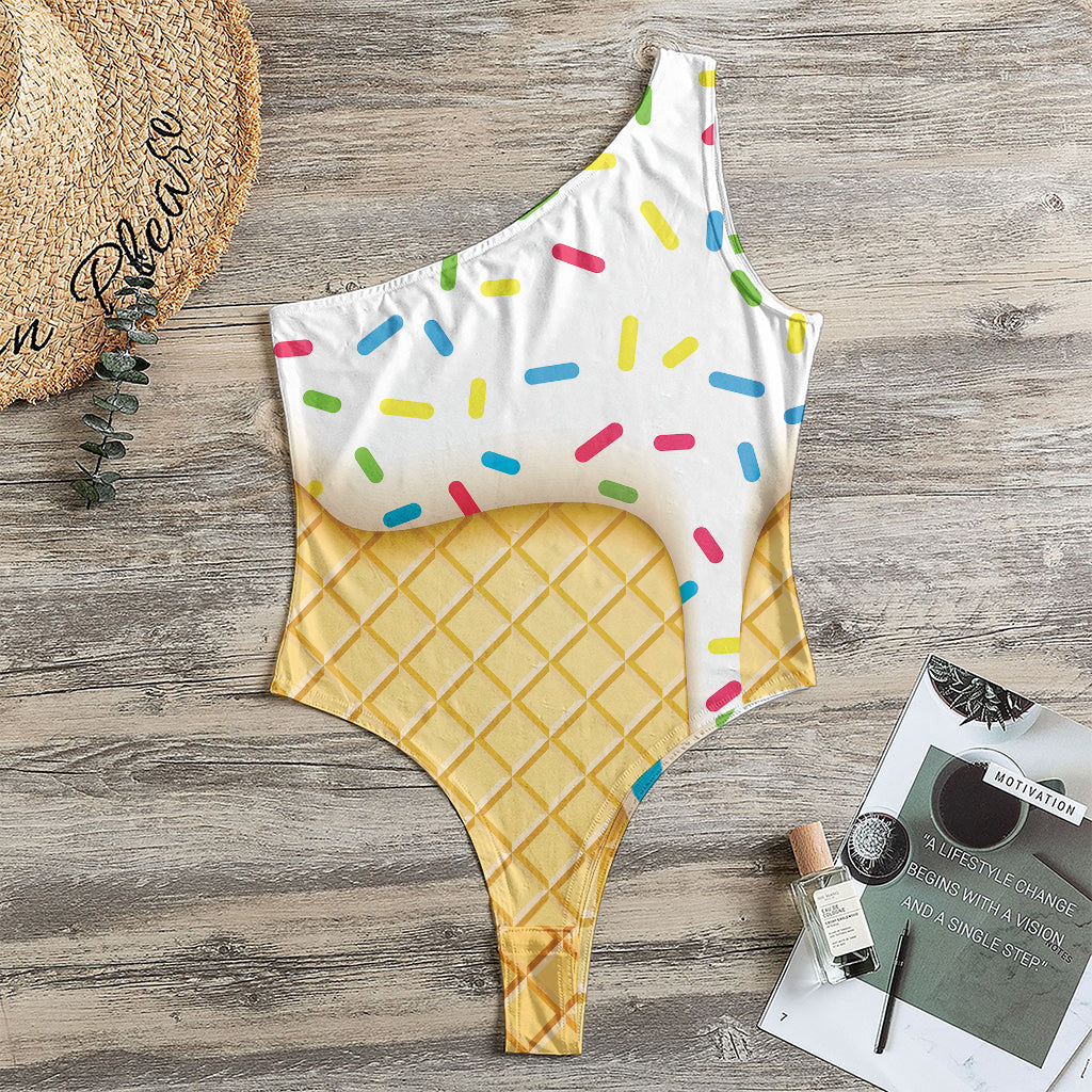 White Ice Cream Melted Print One Shoulder Bodysuit