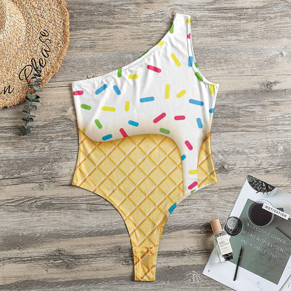 White Ice Cream Melted Print One Shoulder Bodysuit