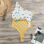 White Ice Cream Melted Print One Shoulder Bodysuit