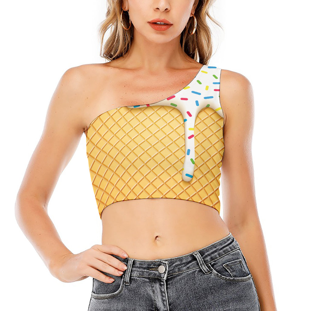White Ice Cream Melted Print One Shoulder Crop Top