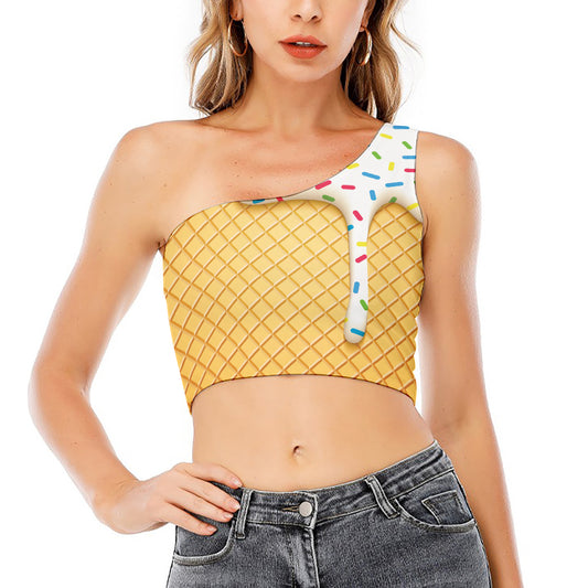 White Ice Cream Melted Print One Shoulder Crop Top