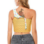 White Ice Cream Melted Print One Shoulder Crop Top