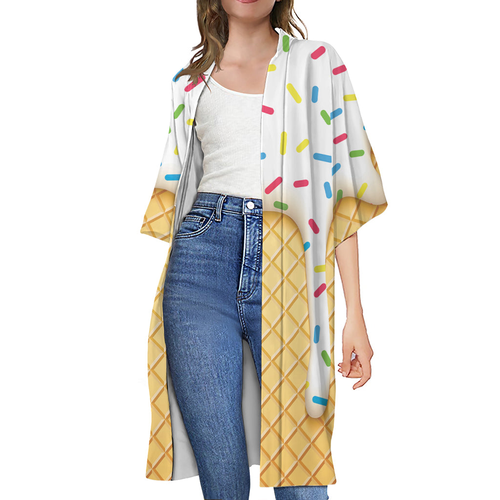 White Ice Cream Melted Print Open Front Beach Cover Up